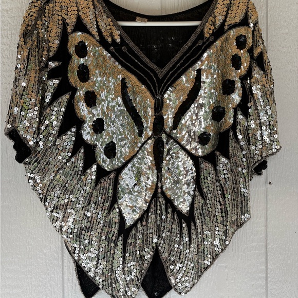Vintage sequence Butterfly Design Blouse - Black and Silver - Picture 1 of 2